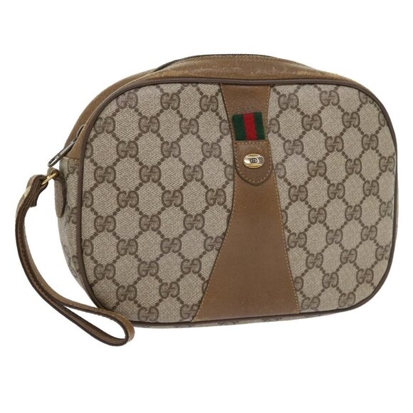 GUCCI GG Supreme Web Sherry Line Clutch Bag Beige Red - Picture 1 of 16